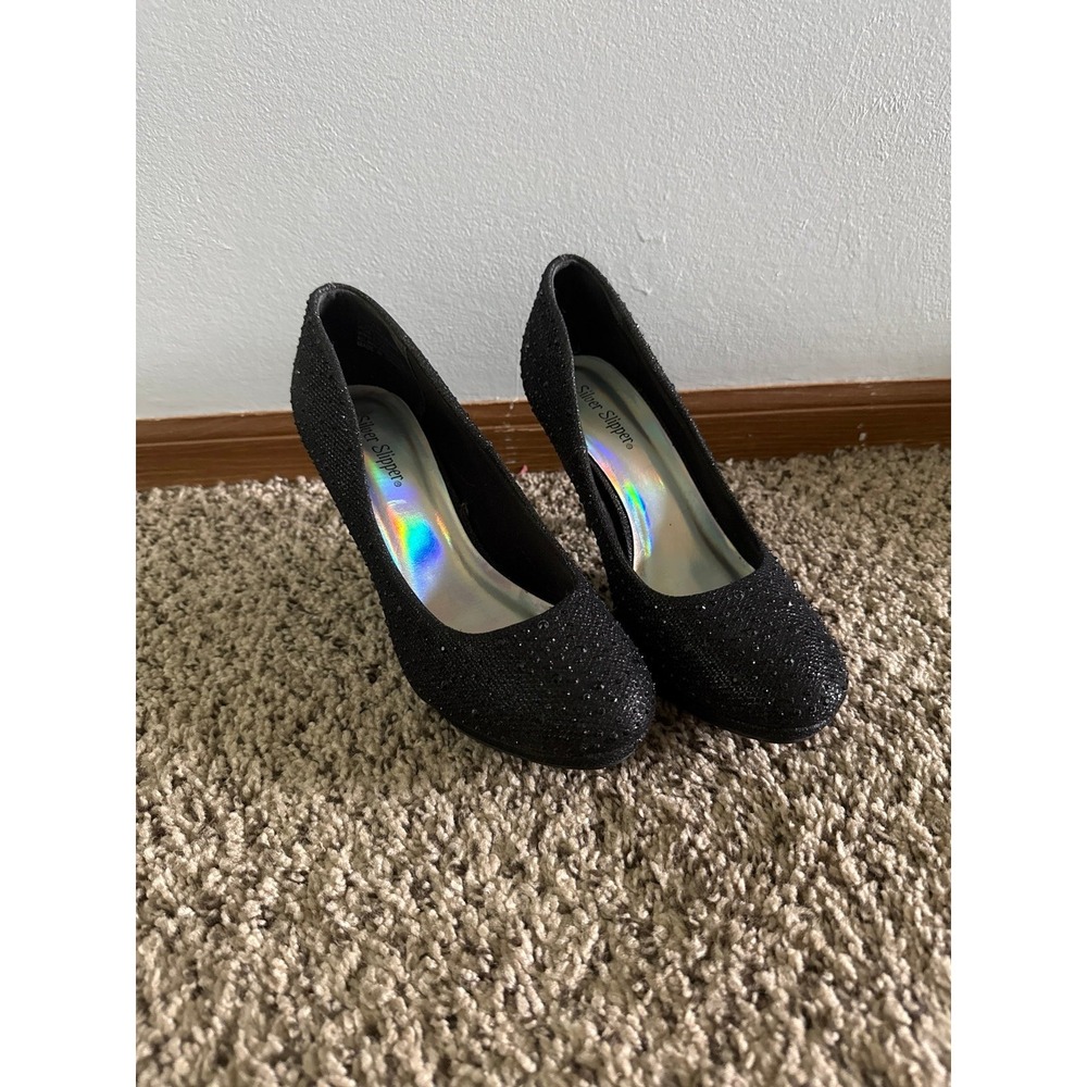 Silver Slipper Women's Black Rhinestone Round front 3" heels size 8